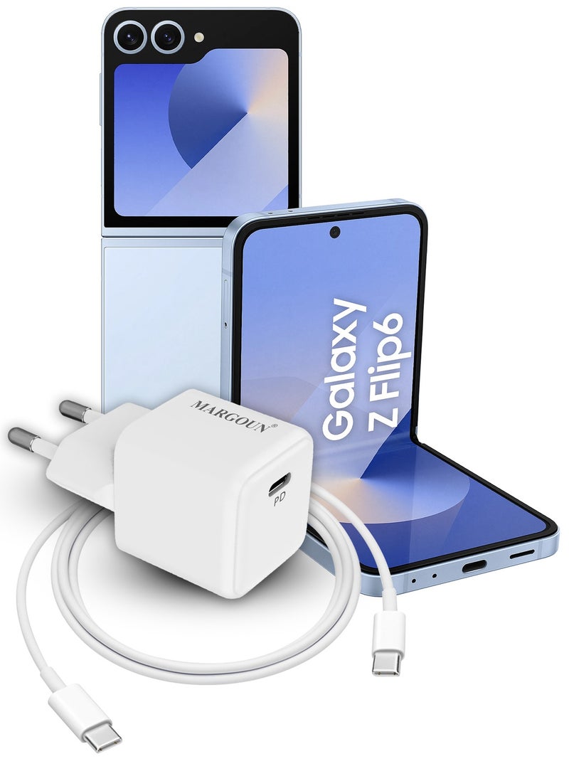 MARGOUN 25W PD Fast Charger Adapter Type C 2Pins with 1m Cable Type C for Samsung Galaxy Z flip 6 and Z flip 5 White  - Image 1