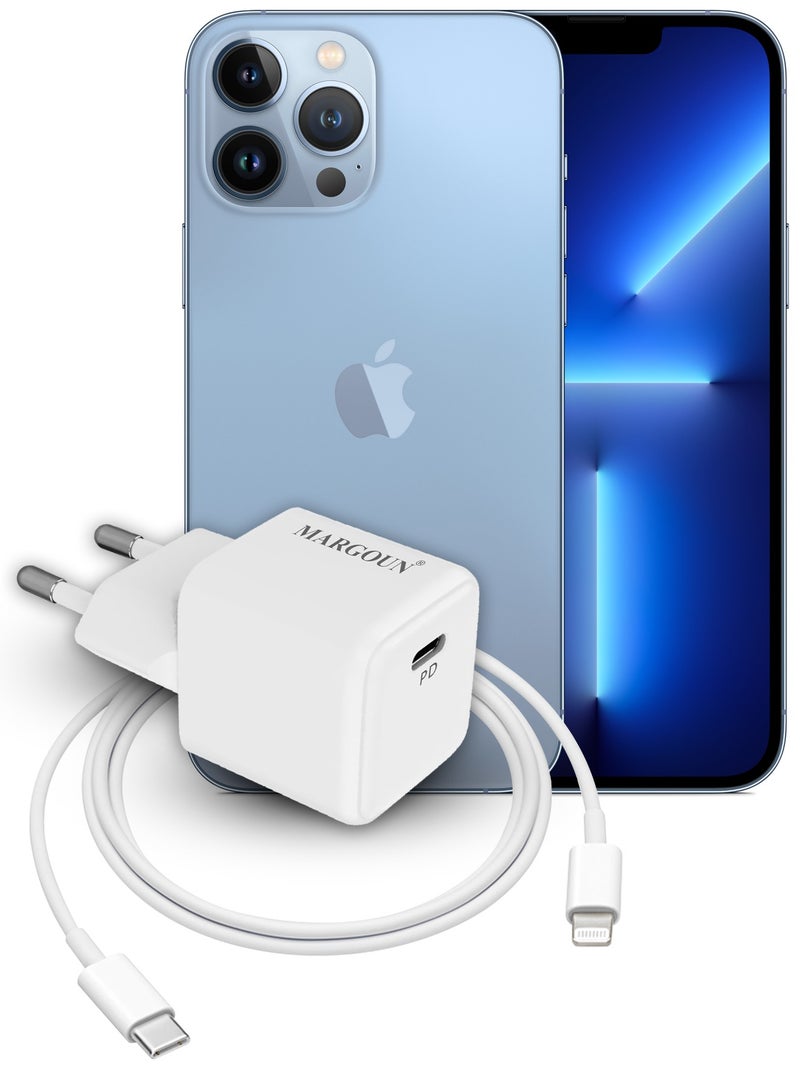 MARGOUN - 25W PD Fast Charger Adapter Type C 2Pins with Lightning Cable 1m for Apple iPhone 14 Pro Max and 13 Pro Max White - Image 1
