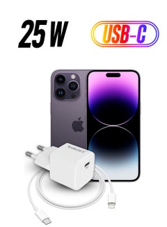 25W PD Fast Charger Adapter Type C 2Pins with Lightning Cable 1m for Apple iPhone 14 Pro Max and 13 Pro Max White