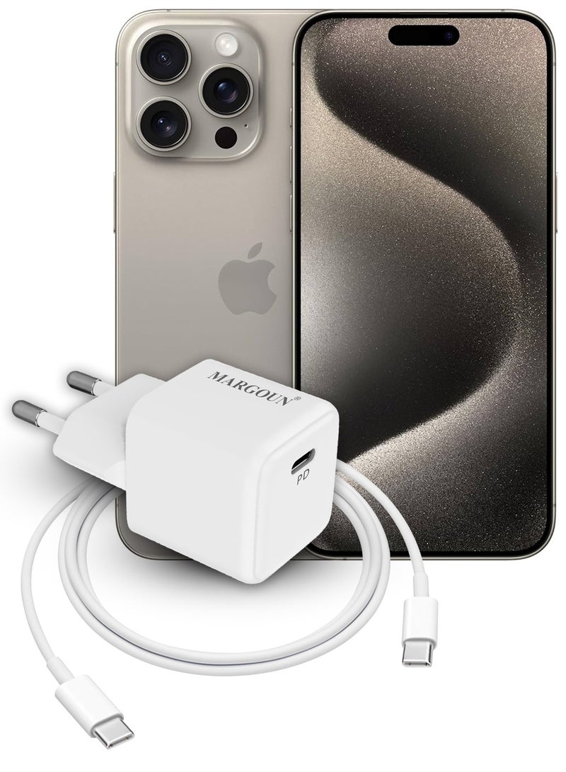 25W PD Fast Charger Type C 2Pins for Apple iPhone 16 Pro Max and 15 Pro Max with Type-C Cable 1m White