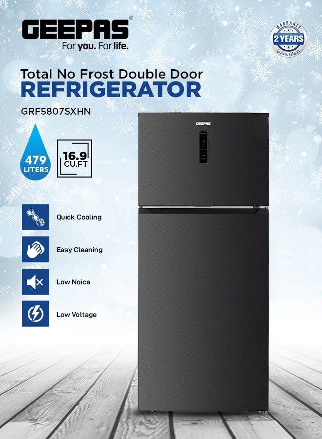 GEEPAS Total No-Frost Double Door Refrigerator with Adjustable Thermostat, Stainless Steel Premium Body Finish, Multi-Airflow, Recessed Chrome Handles, Tempered Glass Shelves, Chiller Fresh Box, Faster Cooling, LED Lighting 140 W GRF5807SXHN Grey 