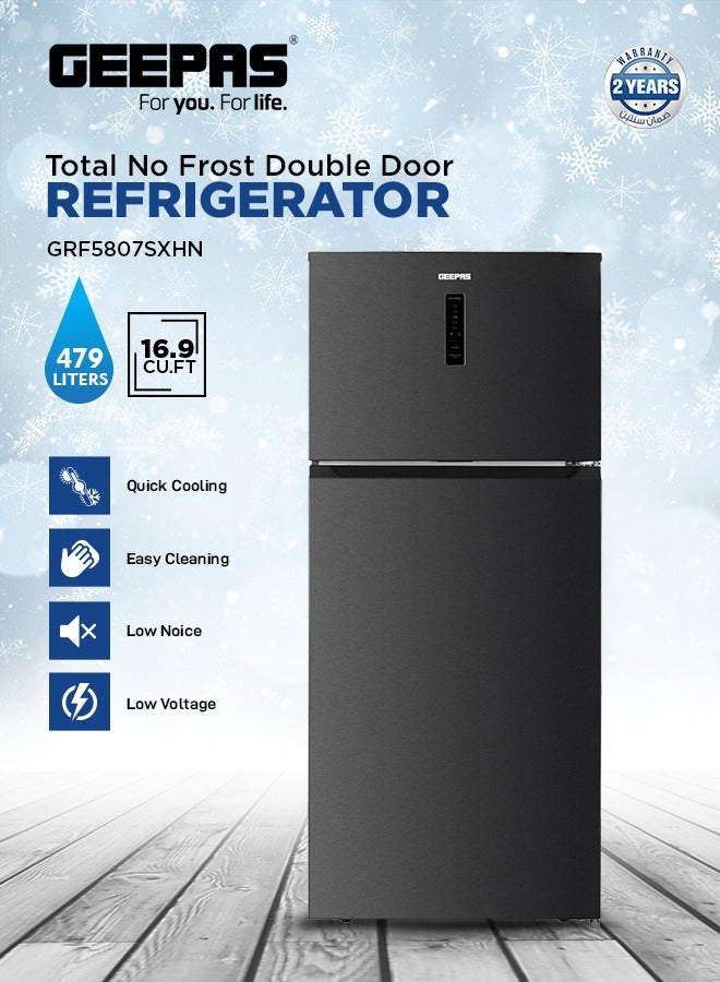 جيباس Total No-Frost Double Door Refrigerator with Adjustable Thermostat, Stainless Steel Premium Body Finish, Multi-Airflow, Recessed Chrome Handles, Tempered Glass Shelves, Chiller Fresh Box, Faster Cooling, LED Lighting 140 W GRF5807SXHN Grey  - Image 1