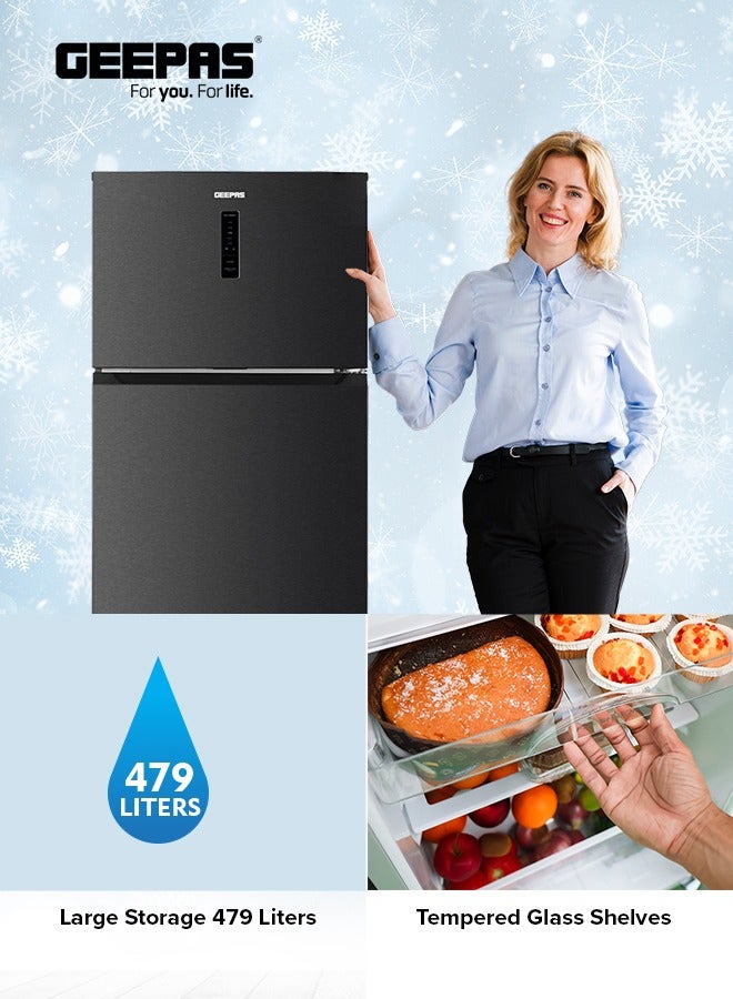 جيباس Total No-Frost Double Door Refrigerator with Adjustable Thermostat, Stainless Steel Premium Body Finish, Multi-Airflow, Recessed Chrome Handles, Tempered Glass Shelves, Chiller Fresh Box, Faster Cooling, LED Lighting 140 W GRF5807SXHN Grey  - Image 3