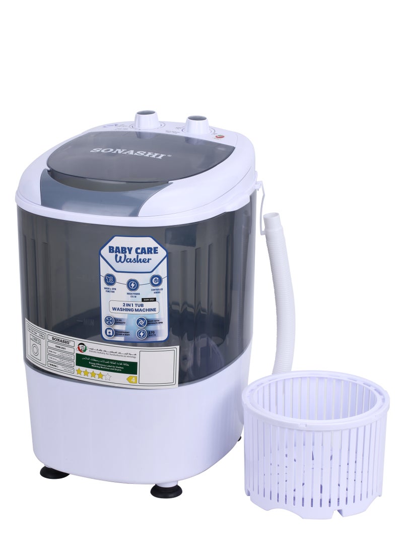 سوناشي - 2.5 KG Baby Washing Machine With Transparent Body | User-friendly Interface With Wash And Spin Function | With Separate Spin Basket | Perfect For Small Clothes SWM-2501 White - Image 1