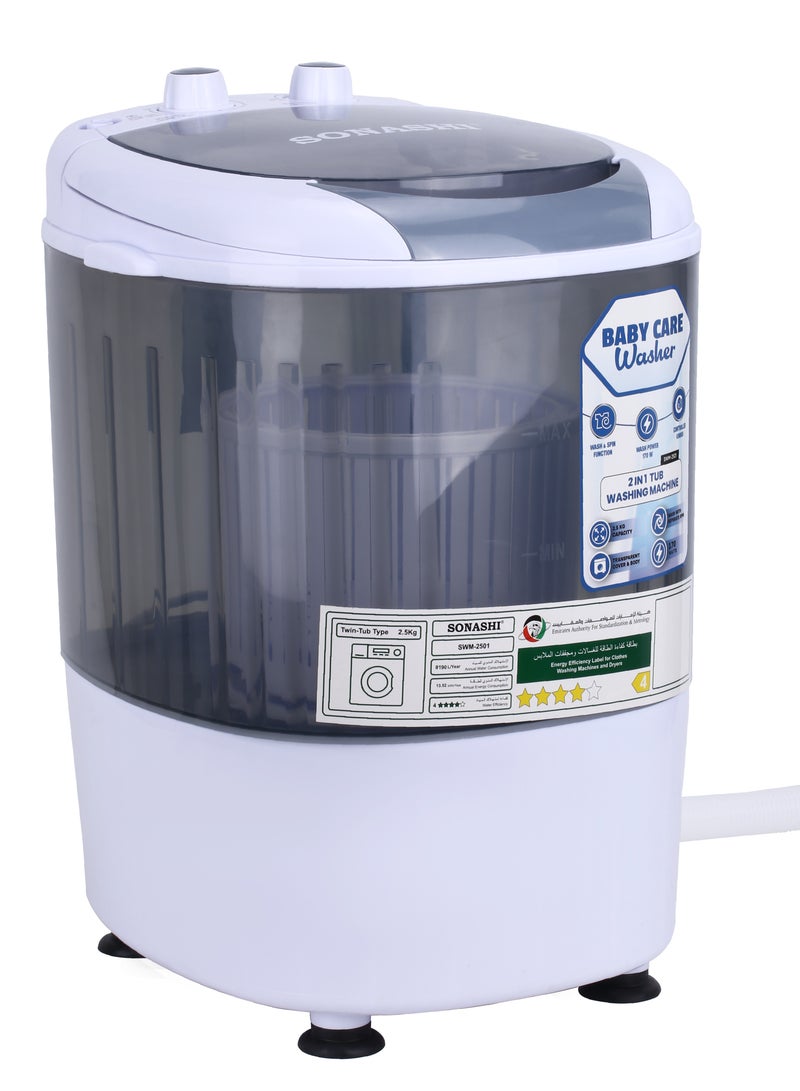 سوناشي - 2.5 KG Baby Washing Machine With Transparent Body | User-friendly Interface With Wash And Spin Function | With Separate Spin Basket | Perfect For Small Clothes SWM-2501 White - Image 1
