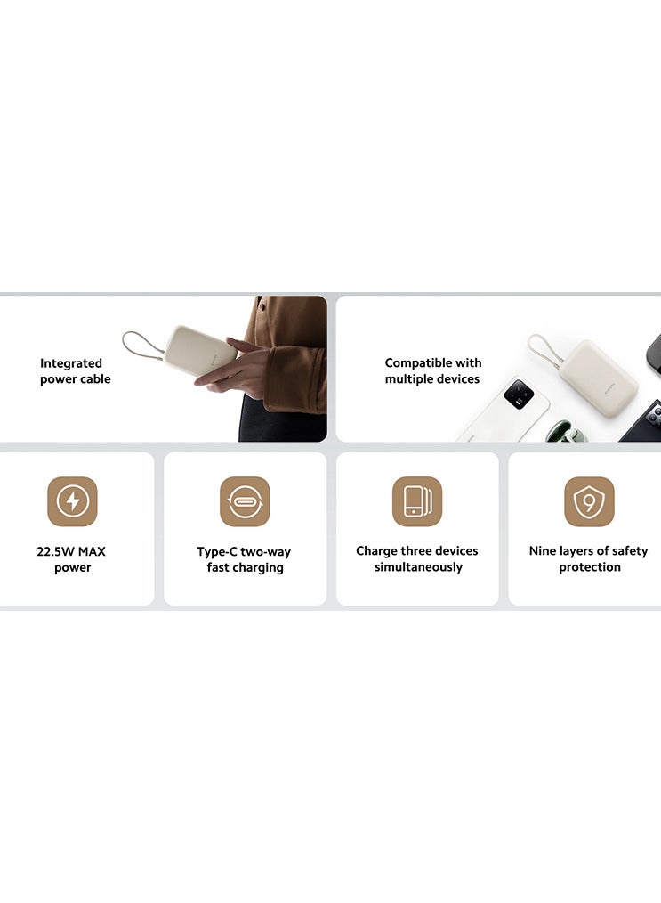 شاومي - 10000 mAh Power Bank Integrated Cable USB and USB-C Port 22.5W BHR9072GL - Tan - Image 1