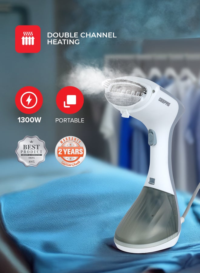 GEEPAS - Handheld Garment Steamer 1300 W| Ready to Use in 30 Seconds| Suitable for All Kinds of Fabric and Safe for Delicate Fabrics| Equipped with Stainless Steel Panel and 260 ML Capacity| 2 Years Warranty 260 ml 1300 W GGS25043-GR Grey/White - Image 1