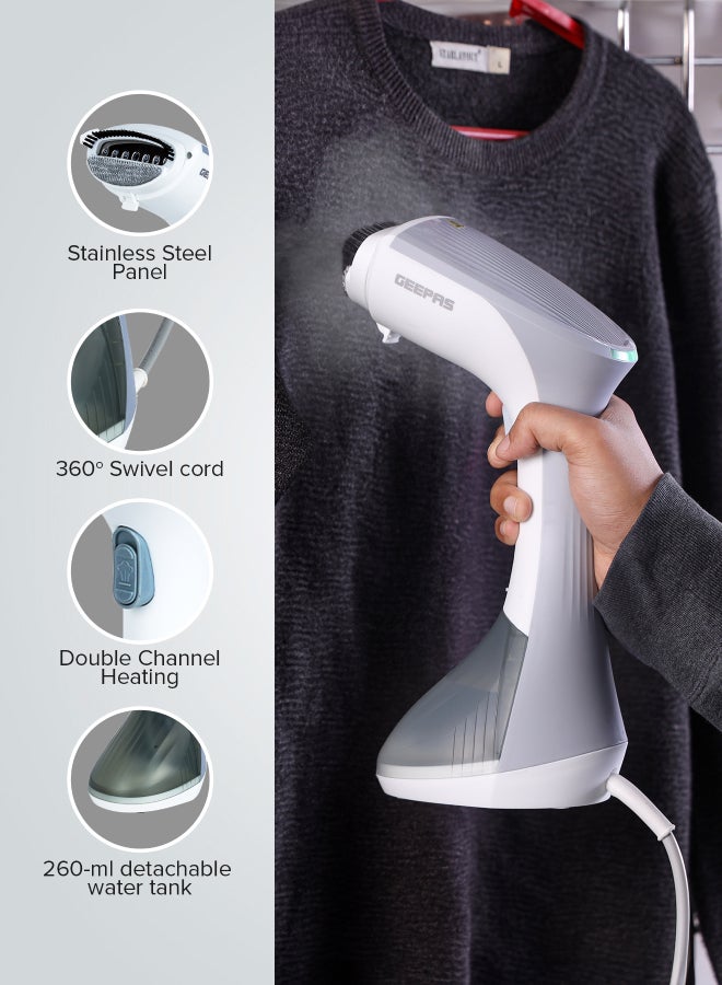 GEEPAS - Handheld Garment Steamer 1300 W| Ready to Use in 30 Seconds| Suitable for All Kinds of Fabric and Safe for Delicate Fabrics| Equipped with Stainless Steel Panel and 260 ML Capacity| 2 Years Warranty 260 ml 1300 W GGS25043-GR Grey/White - Image 1