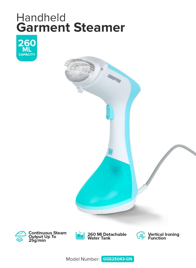 GEEPAS Handheld Garment Steamer 1300 W|  Ready to Use in 30 Seconds | Suitable for All Kinds of Fabric and Safe for Delicate Fabrics| Equipped with Stainless Steel Panel and 260 ML Capacity| 2 Years Warranty 260 ml 1300 W GGS25043-GN Green/White  - Image 1