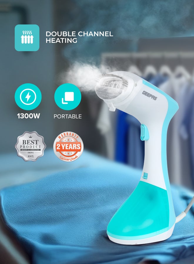 GEEPAS Handheld Garment Steamer 1300 W|  Ready to Use in 30 Seconds | Suitable for All Kinds of Fabric and Safe for Delicate Fabrics| Equipped with Stainless Steel Panel and 260 ML Capacity| 2 Years Warranty 260 ml 1300 W GGS25043-GN Green/White  - Image 2