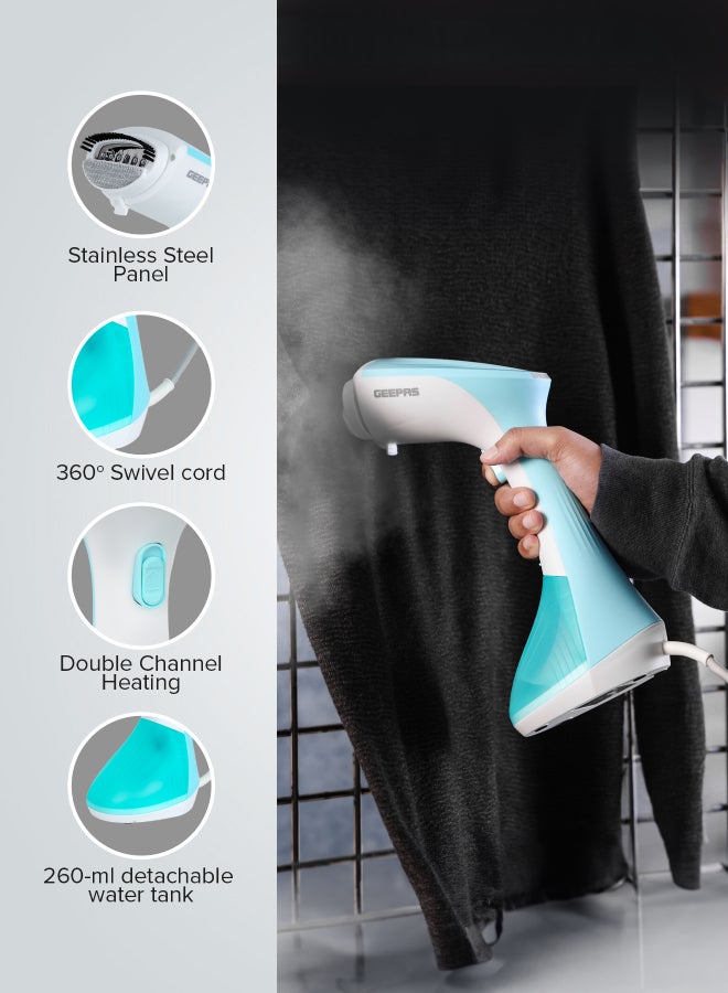 GEEPAS Handheld Garment Steamer 1300 W|  Ready to Use in 30 Seconds | Suitable for All Kinds of Fabric and Safe for Delicate Fabrics| Equipped with Stainless Steel Panel and 260 ML Capacity| 2 Years Warranty 260 ml 1300 W GGS25043-GN Green/White  - Image 3