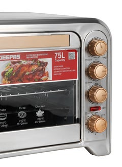 GEEPAS 75Ltr Electric Oven Convection and Rotisserie Function| Perfect for Grilling, Toasting and Roasting| 4 Knobs and Temperature 70-250-Degrees Celsius| 120 Minute Timer with Bell, Inside Lamp| 2200W and Stainless Steel Heating Elements | 2 Years Warranty 75 L 2200 W GO34041 Silver  - Image 3