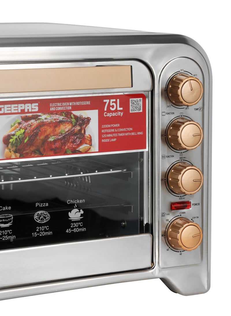 GEEPAS - 75Ltr Electric Oven Convection and Rotisserie Function| Perfect for Grilling, Toasting and Roasting| 4 Knobs and Temperature 70-250-Degrees Celsius| 120 Minute Timer with Bell, Inside Lamp| 2200W and Stainless Steel Heating Elements | 2 Years Warranty 75 L 2200 W GO34041 Silver - Image 1