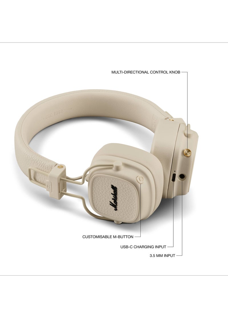 مارشال - Major V On-Ear Bluetooth Wireless Headphone with 100+ Hours Playtime, Cream Beige - Image 1