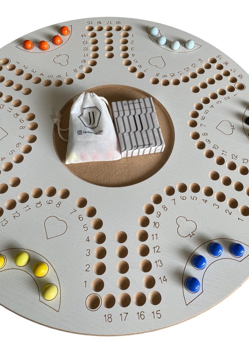 JACKAROOJOKER - Jackaroo Board Game With Two Sides For 4 And 6 Players With Glass Marbles, Playing Cards And Bag - Image 1