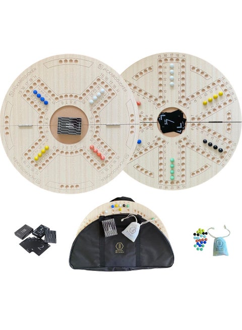Jakaroo board game double sides for 4 and 6 players with glass marbles, playing cards and bag