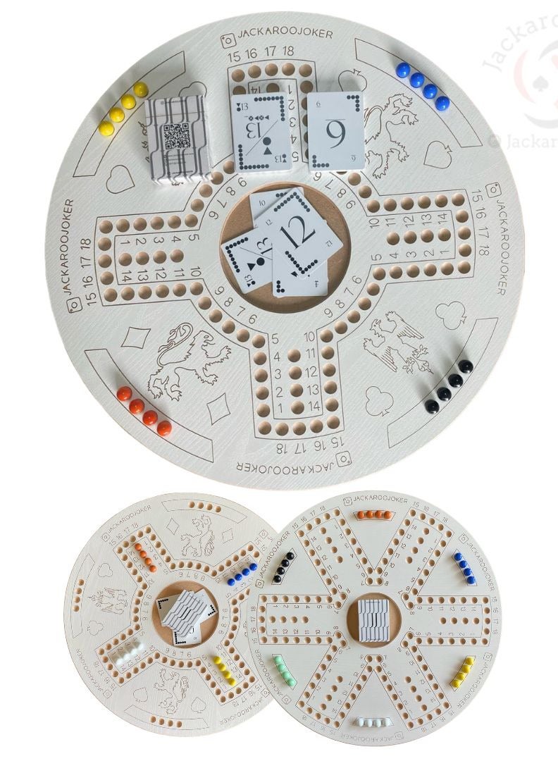جاكارو جوكر Jackaroo board game with two sides for 4 and 6 players with glass marbles, playing cards and bag.  - Image 2