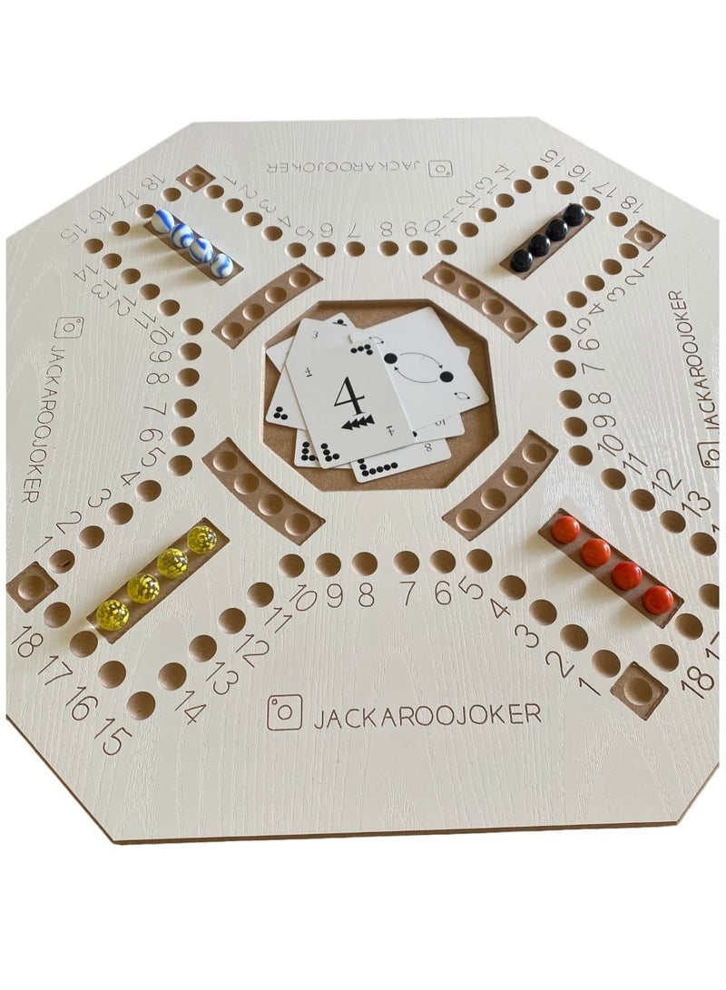 جاكارو جوكر Jackaroo board game with two sides for 4 and 6 players with glass marbles, playing cards and bag.  - Image 5