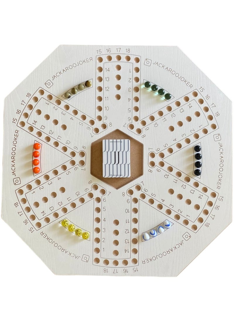 جاكارو جوكر Jackaroo board game with two sides for 4 and 6 players with glass marbles, playing cards and bag.  - Image 4