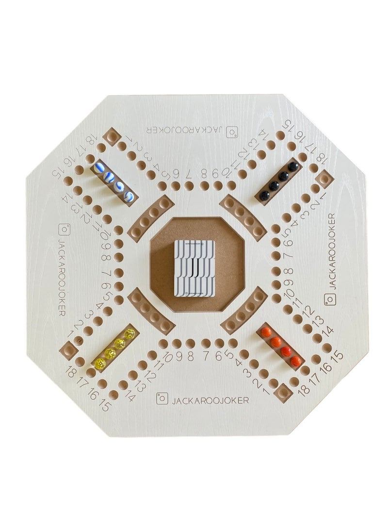 جاكارو جوكر Jackaroo board game with two sides for 4 and 6 players with glass marbles, playing cards and bag.  - Image 3