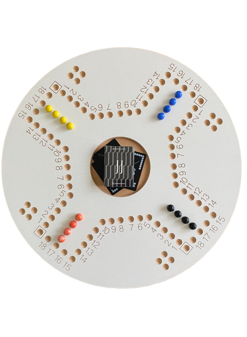 JACKAROOJOKER - Jackaroo White Circle Board Game For 4 Players Shape Board With Playing Cards, Marble Glass Balls, And Bag - Image 1
