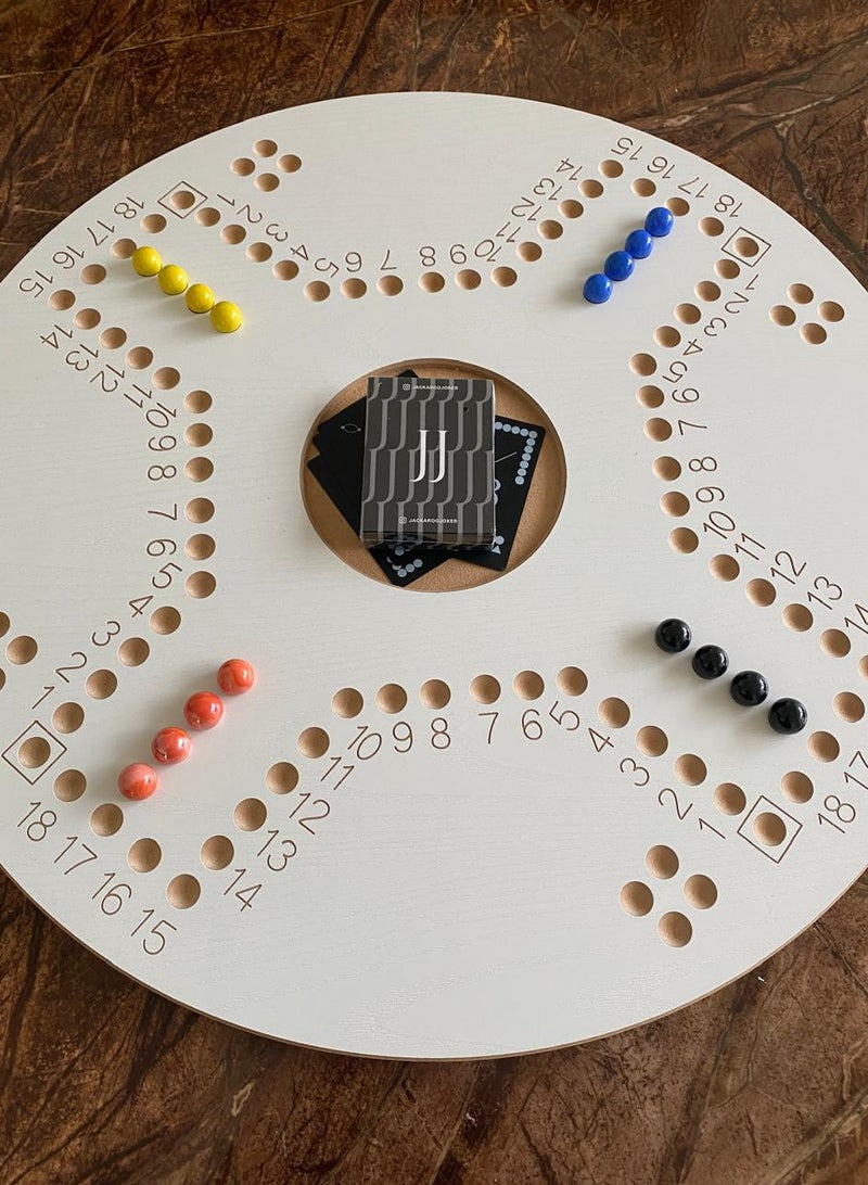 JACKAROOJOKER - Jackaroo White Circle Board Game For 4 Players Shape Board With Playing Cards, Marble Glass Balls, And Bag - Image 1