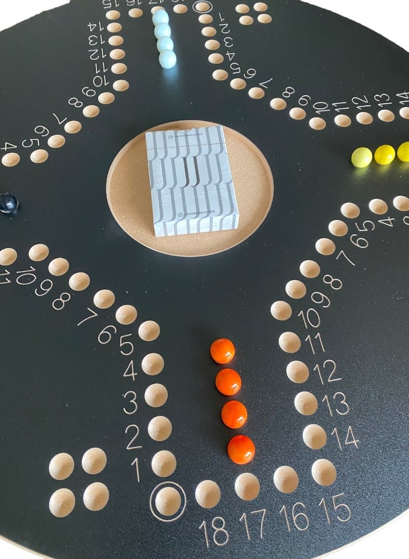 جاكارو جوكر Jackaroojoker Jackaroo 4 players black circle shape board with playing cards, marble glass balls, and bag 4 Players  - Image 2