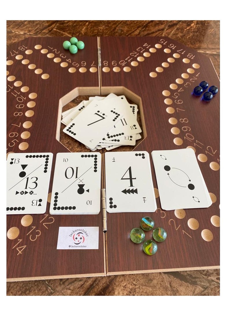 جاكارو جوكر Jackaroojoker Jackaroo 4 players brown circle shape board with playing cards, marble glass balls 4 Players  - Image 1