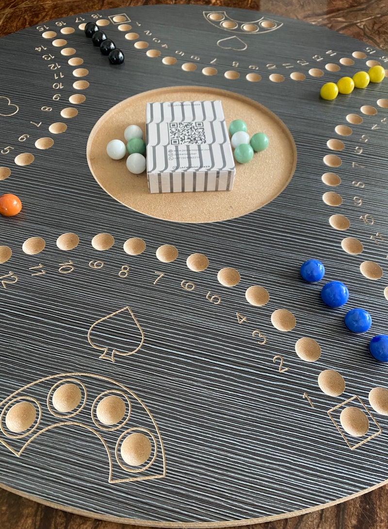 JACKAROOJOKER Jackaroo board game with two sides for 4 and 6 players with glass marbles, playing cards and bag.  - Image 5