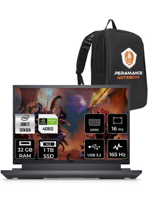 G16 7630 16 (Upgraded Version) Laptop With 16-Inch Display, Intel Core i7-13650HX Processor/32GB RAM/1TB SSD/8GB NVIDIA GeForce RTX 4060 Graphics/DOS(Without Windows) + Bag English Black