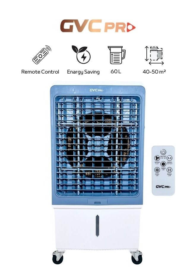 gvc pro gvc pro Air cooler GVC PRO 200W, effective area 40-50m²,with water-operated and remote control and characterize by large water tank which reach to 60L, max airflow 6500 m³/h GVCAR-9660 60 L 200 W GVCAR-9660 Blue/White  - Image 1