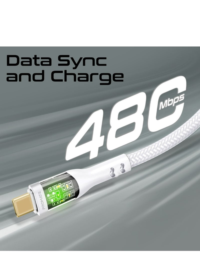 بروميت Usb-C To Usb-C Cable, Premium 60W Power Delivery Type-C Cable With Transparent Shells, 480Mbps Data Sync And 200Cm Nylon Braided Cord For iPhone 17, Galaxy S25, Macbook Pro M3, Transline-Cc201 - White - Image 5
