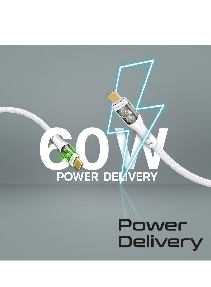 بروميت Usb-C To Usb-C Cable, Premium 60W Power Delivery Type-C Cable With Transparent Shells, 480Mbps Data Sync And 200Cm Nylon Braided Cord For iPhone 17, Galaxy S25, Macbook Pro M3, Transline-Cc201 - White - Image 2