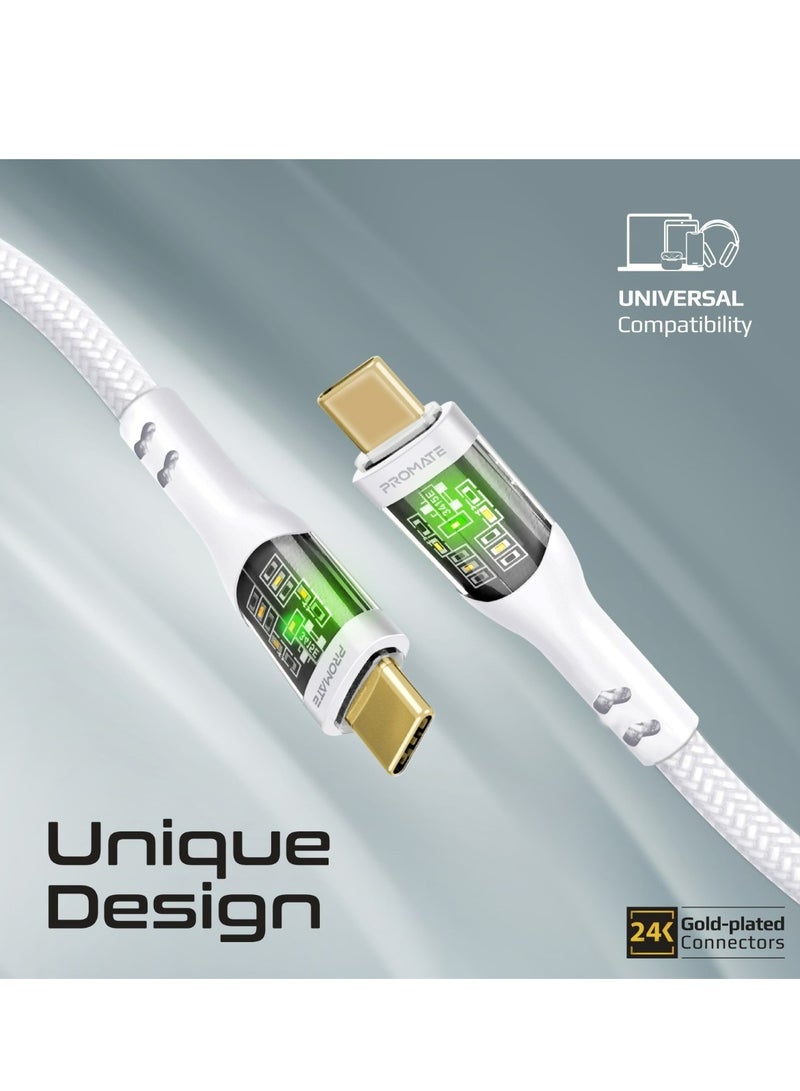 بروميت Usb-C To Usb-C Cable, Premium 60W Power Delivery Type-C Cable With Transparent Shells, 480Mbps Data Sync And 200Cm Nylon Braided Cord For iPhone 17, Galaxy S25, Macbook Pro M3, Transline-Cc201 - White - Image 3