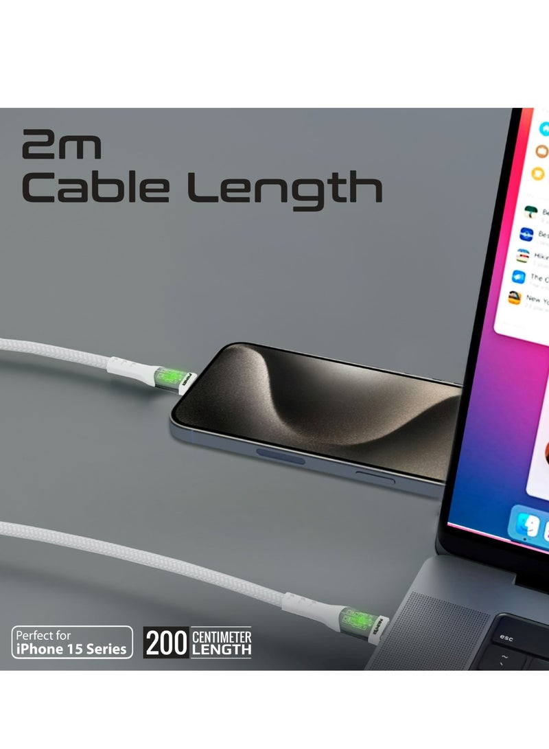 بروميت Usb-C To Usb-C Cable, Premium 60W Power Delivery Type-C Cable With Transparent Shells, 480Mbps Data Sync And 200Cm Nylon Braided Cord For iPhone 17, Galaxy S25, Macbook Pro M3, Transline-Cc201 - White - Image 4