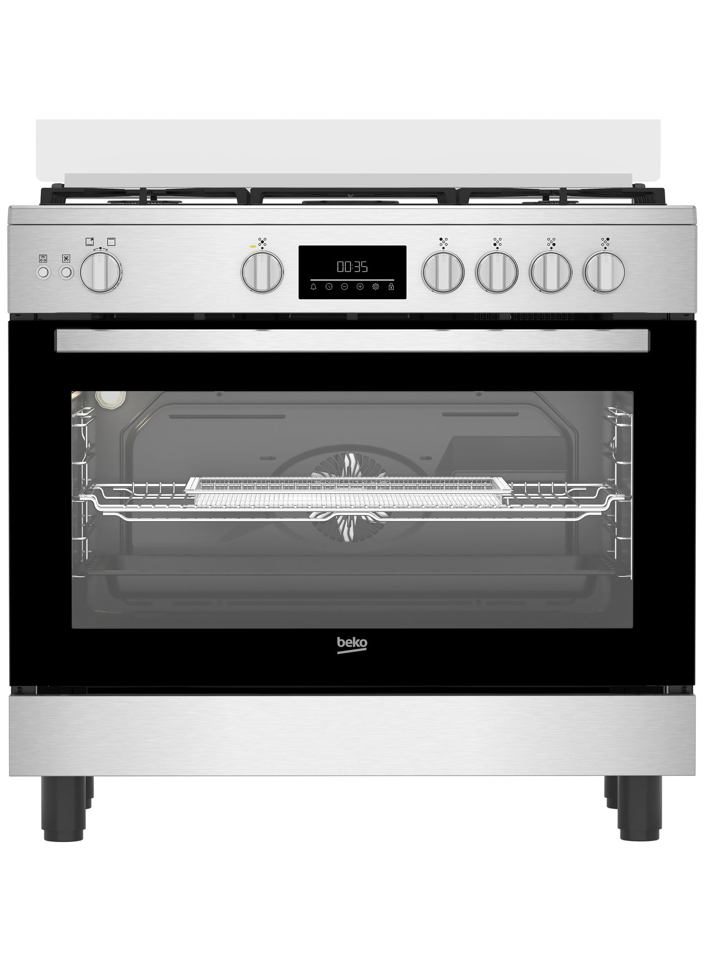 2x1 Free-Standing Stove - Air Fryer Function - 90 cm - Cast Iron Holders - 5 Burners - Cooling and Cooking Fans - LED Digital Display - Large Oven BGGR 11225 GXA Stainless Steel