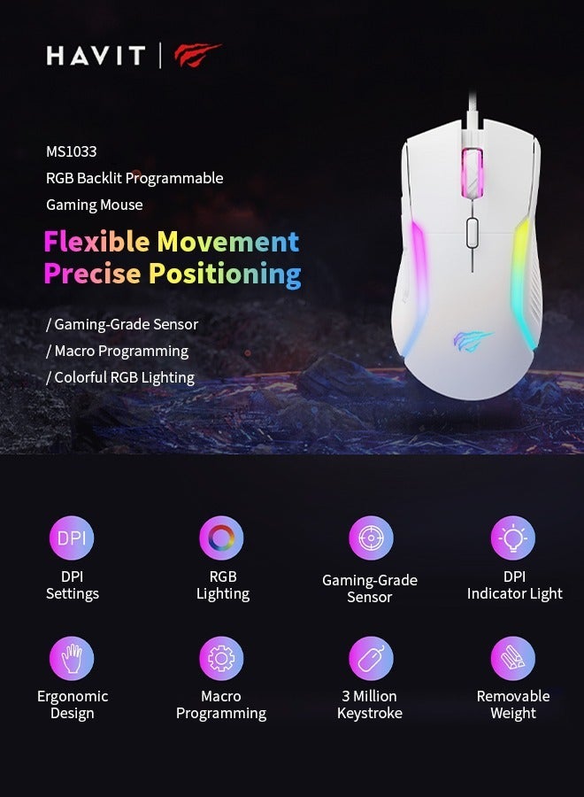 havit - RGB Gaming Mouse with 6 Dynamic Lighting Effects, Wired Computer Mouse, 9 Programmable Buttons and Removable Weight for Pro Gamers - Image 1