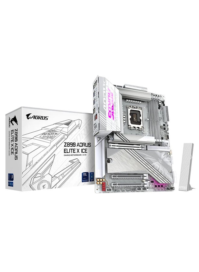 GIGABYTE Z890 AORUS ELITE X ICE LGA 1851 ATX Motherboard, Intel Z890 Chipset, 4x DDR5 DIMM Slots (Up to 256GB Max Memory), Wi-Fi 7, Bluetooth 5.4, 1x PCIe 5.0 x16 Slot, 5x M.2 Slots (4x PCIe Gen 4 & 1x PCIe Gen 3), 6x SATA III Ports, USB 3.2 Gen 2x2 Type-C, 10Gb Ethernet, Digital VRM, Advanced Thermal Design, Z890-A-ELITE-X-ICE White  - Image 1