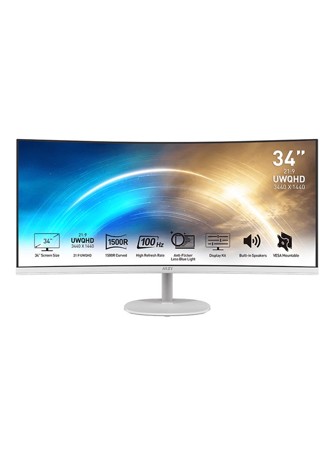 MSI PRO MP341CQW Business & Productivity Curved Monitor, 34" UWQHD VA Display, 100Hz Refresh Rate, 1ms (MPRT) Response Time, 1500R Curvature, 1.07 Billion Colors, USB-C, AMD FreeSync, Height Adjustable Stand, Anti-Flicker, Blue Light Reduction, 178° Wide Viewing Angle, DisplayHDR 400, 9S6-3PB2CT-033 White  - Image 1
