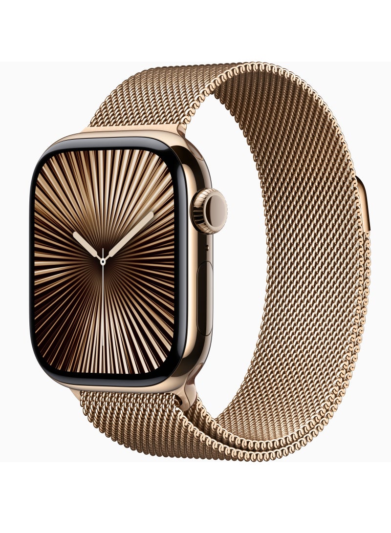 ابل  Watch Series 10 GPS + Cellular 46mm Gold Titanium Case with Gold Milanese Loop – M/L GOLD - Image 1