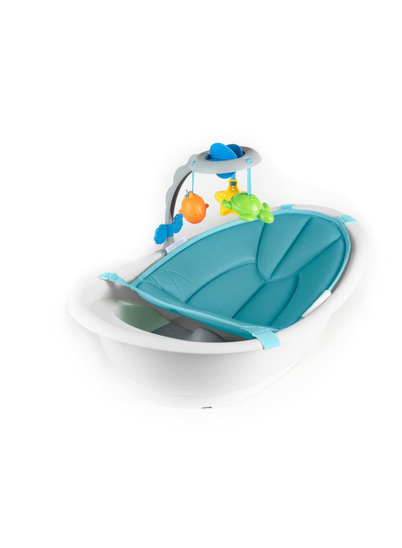 سامر إنفانت Gentle Support Multi-Stage Tub with Toys - for Ages 0-24 Months - Includes Soft Support, Toy bar and Bath Toys, A Hook for Storage and Dying, and A Drain Plug, White/Blue, One Size - Image 1