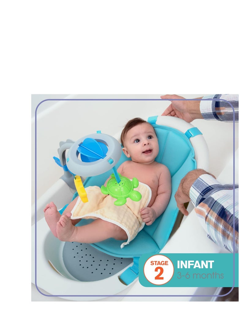 سامر إنفانت Gentle Support Multi-Stage Tub with Toys - for Ages 0-24 Months - Includes Soft Support, Toy bar and Bath Toys, A Hook for Storage and Dying, and A Drain Plug, White/Blue, One Size - Image 3