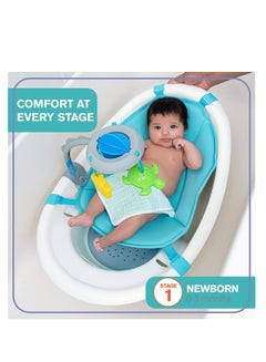 summer infant Gentle Support Multi-Stage Tub with Toys - for Ages 0-24 Months - Includes Soft Support, Toy bar and Bath Toys, A Hook for Storage and Dying, and A Drain Plug, White/Blue, One Size  - Image 2