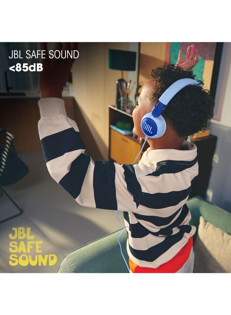 JBL - Jr 320 Kids Wired On-Ear Headphones, Safe Sound (<85dB), Built-In Mic, Sof Padded Headband, Comfortable Ear Cushion, Compact and Foldable Design, Single-Side Flat Cable - JBLJR320BLU Blue - Image 1