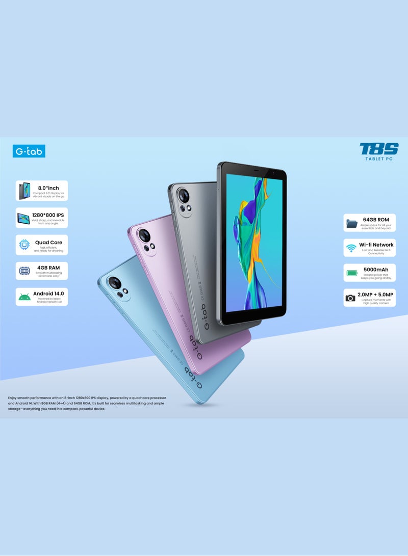 جي تاب تابلت T8S واي فاي / 8.0 بوصة IPS / أندرويد 14 / معالج رباعي النواة بسرعة 2.0 جيجاهرتز / بطارية 5000 مللي أمبير / 4 جيجابايت ذاكرة عشوائية مدمجة / ذاكرة عشوائية قابلة للتوسيع + 4 جيجابايت / ذاكرة داخلية 64 جيجابايت / كاميرا أمامية 2 ميجابكسل + كاميرا خلفية 5 ميجابكسل - Image 2