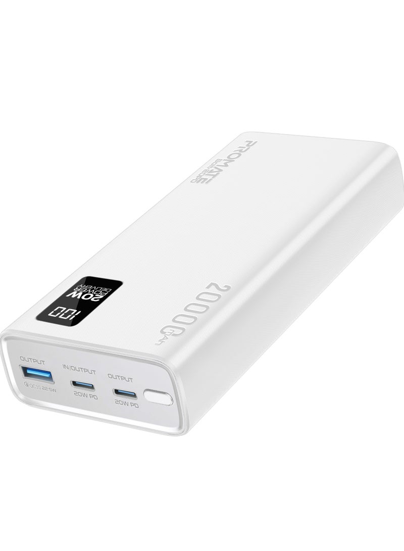 PROMATE - 20000 mAh Power Bank Ultra-Slim With 20W USB-C Input/Output Port, QC 3.0 Output, USB-C Ports, LCD Screen, Bolt-20PD White - Image 1