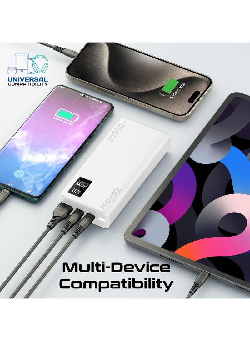 PROMATE - 20000 mAh Power Bank Ultra-Slim With 20W USB-C Input/Output Port, QC 3.0 Output, USB-C Ports, LCD Screen, Bolt-20PD White - Image 1