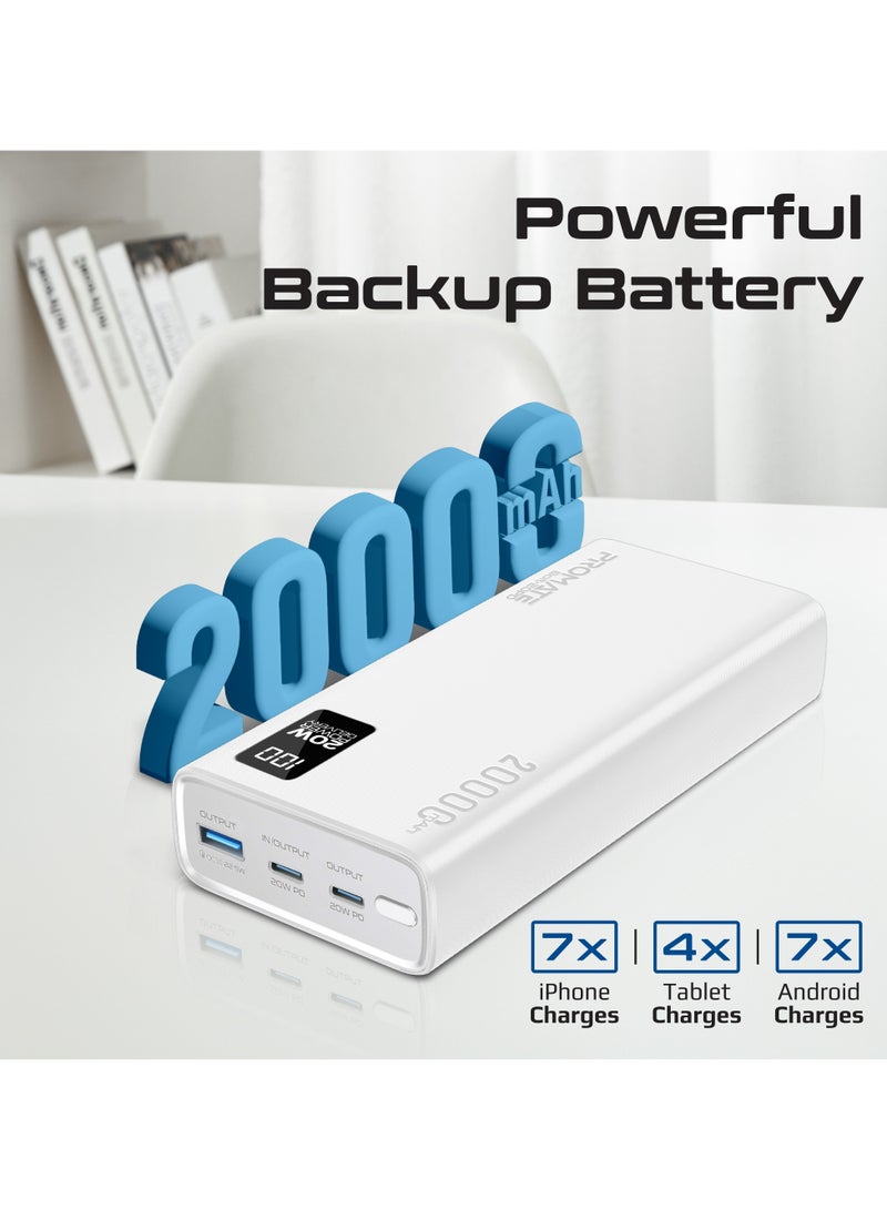 PROMATE - 20000 mAh Power Bank Ultra-Slim With 20W USB-C Input/Output Port, QC 3.0 Output, USB-C Ports, LCD Screen, Bolt-20PD White - Image 1
