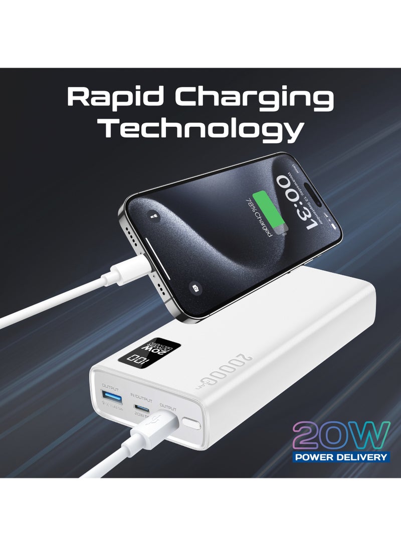 PROMATE - 20000 mAh Power Bank Ultra-Slim With 20W USB-C Input/Output Port, QC 3.0 Output, USB-C Ports, LCD Screen, Bolt-20PD White - Image 1