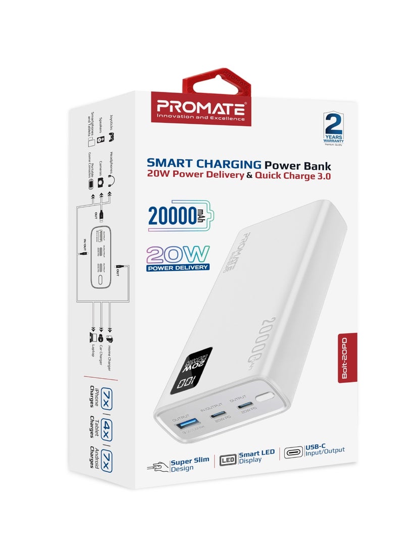 PROMATE - 20000 mAh Power Bank Ultra-Slim With 20W USB-C Input/Output Port, QC 3.0 Output, USB-C Ports, LCD Screen, Bolt-20PD White - Image 1